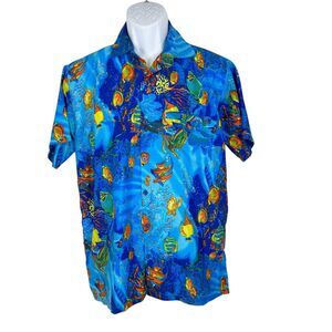 Rima Hawaiian Shirt Men Medium Beachwear Blue Tropical Short Sleeve Button Up